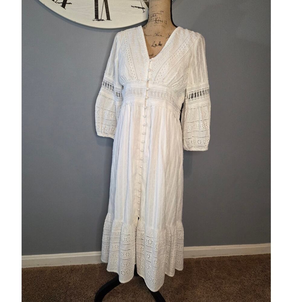 Anthro Ebba eyelet midi dress white boho 3/4 sleeve vneck 8
